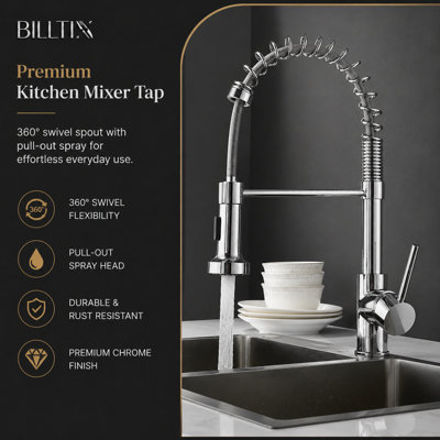 Billtix Chrome Kitchen Mixer Tap, Monobolic Kitchen Sink Mixer Tap with Pull Out Hose Spray Single Lever
