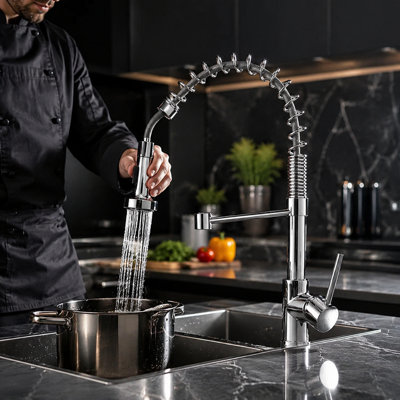 Billtix Chrome Kitchen Mixer Tap, Monobolic Kitchen Sink Mixer Tap with Pull Out Hose Spray Single Lever