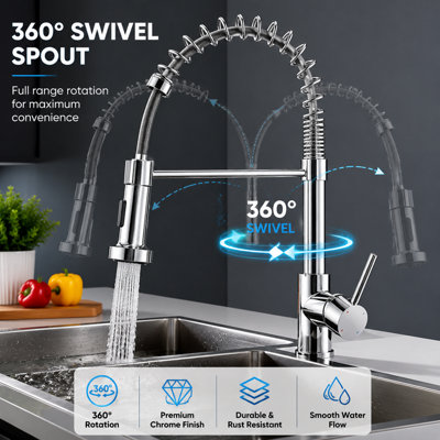 Billtix Chrome Kitchen Mixer Tap, Monobolic Kitchen Sink Mixer Tap with Pull Out Hose Spray Single Lever