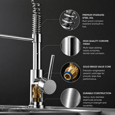 Billtix Chrome Kitchen Mixer Tap, Monobolic Kitchen Sink Mixer Tap with Pull Out Hose Spray Single Lever