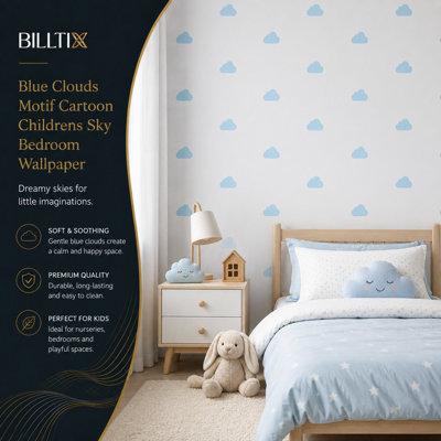 BILLTIX Cloud Wallpaper Blue And White Kids Wallpaper for Children's Bedroom Nursery, Playroom And Modern Feature Wall Décor