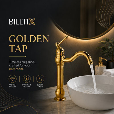 BILLTIX Golden Bathroom Mono Basin Mixer Tap Tall Single Lever Deck Mounted Brass Bathroom Sink Faucet UK New