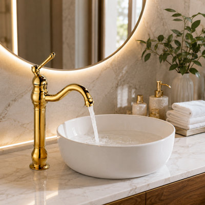 BILLTIX Golden Bathroom Mono Basin Mixer Tap Tall Single Lever Deck Mounted Brass Bathroom Sink Faucet UK New