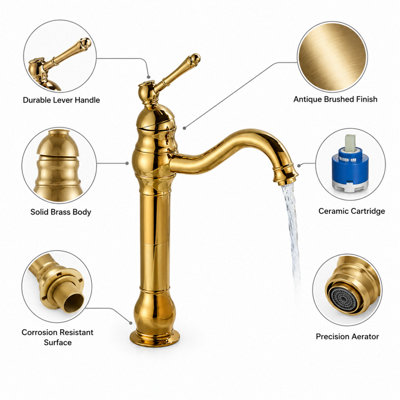 BILLTIX Golden Bathroom Mono Basin Mixer Tap Tall Single Lever Deck Mounted Brass Bathroom Sink Faucet UK New