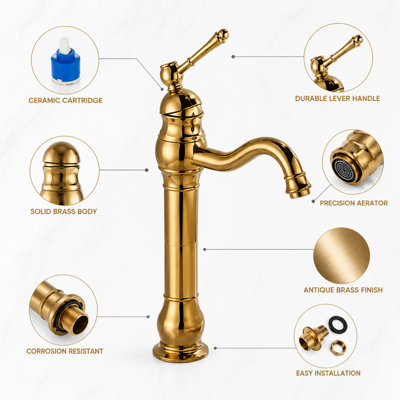 BILLTIX Golden Bathroom Mono Basin Mixer Tap Tall Single Lever Deck Mounted Brass Bathroom Sink Faucet UK New