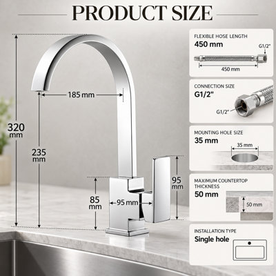 Billtix Kitchen Tap Mixer Chrome, Brass Faucet, Waterfall design Spout, 360 Swivel Spout, Single Lever, Deck Mounted Sink Tap
