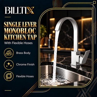 Billtix Kitchen Tap Mixer Chrome, Brass Faucet, Waterfall design Spout, 360 Swivel Spout, Single Lever, Deck Mounted Sink Tap