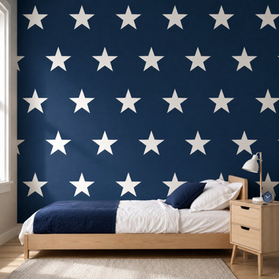 BILLTIX Star Wallpaper Navy Blue And White Textured Kids Bedroom Nursery Feature Wall for Boys, Children And Teen Rooms