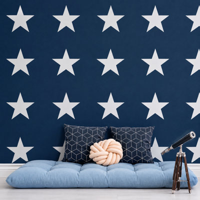 BILLTIX Star Wallpaper Navy Blue And White Textured Kids Bedroom Nursery Feature Wall for Boys, Children And Teen Rooms