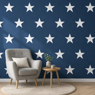 BILLTIX Star Wallpaper Navy Blue And White Textured Kids Bedroom Nursery Feature Wall for Boys, Children And Teen Rooms
