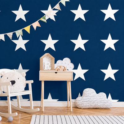BILLTIX Star Wallpaper Navy Blue And White Textured Kids Bedroom Nursery Feature Wall for Boys, Children And Teen Rooms