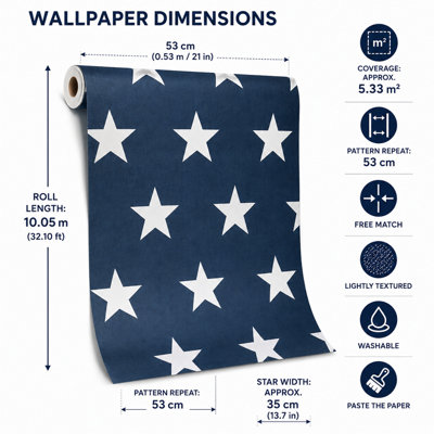 BILLTIX Star Wallpaper Navy Blue And White Textured Kids Bedroom Nursery Feature Wall for Boys, Children And Teen Rooms
