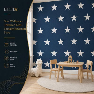 BILLTIX Star Wallpaper Navy Blue And White Textured Kids Bedroom Nursery Feature Wall for Boys, Children And Teen Rooms