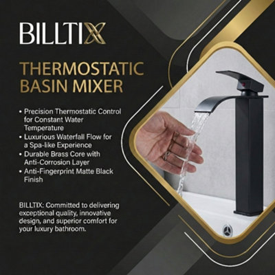 Billtix Tall Basin Mixer Tap, Black Waterfall Sink Tap, Single Lever Bathroom Sink Mixer for Countertop Basin, Modern Bathroom Tap