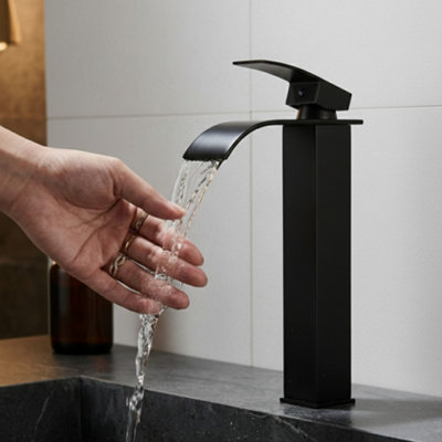 Billtix Tall Basin Mixer Tap, Black Waterfall Sink Tap, Single Lever Bathroom Sink Mixer for Countertop Basin, Modern Bathroom Tap