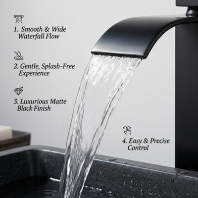 Billtix Tall Basin Mixer Tap, Black Waterfall Sink Tap, Single Lever Bathroom Sink Mixer for Countertop Basin, Modern Bathroom Tap