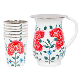 BillyCan Hand-Painted Picnic Water Jug with 300ml Cups - 1.7L - Cotton Peony