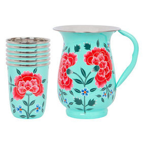 BillyCan Hand-Painted Picnic Water Jug with 300ml Cups - 1.7L - Mint Peony