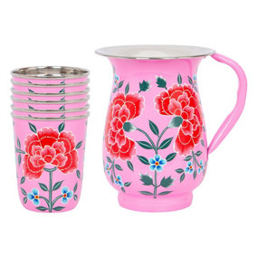 BillyCan Hand-Painted Picnic Water Jug with 300ml Cups - 1.7L - Raspberry Peony