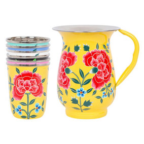 BillyCan Hand-Painted Picnic Water Jug with 300ml Multicolour Cups - 1.7L - Buttercup Peony