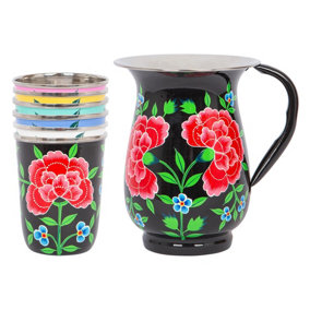 BillyCan Hand-Painted Picnic Water Jug with 300ml Multicolour Cups - 1.7L - Carbon Peony