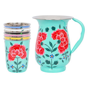 BillyCan Hand-Painted Picnic Water Jug with 300ml Multicolour Cups - 1.7L - Mint Peony