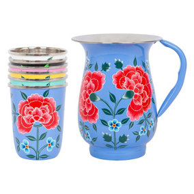 BillyCan Hand-Painted Picnic Water Jug with 300ml Multicolour Cups - 1.7L - Ocean Peony