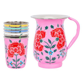 BillyCan Hand-Painted Picnic Water Jug with 300ml Multicolour Cups - 1.7L - Raspberry Peony