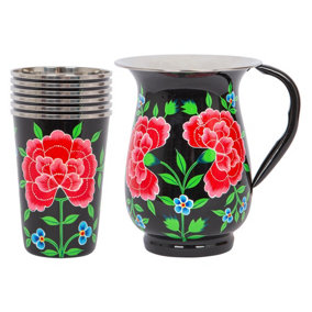 BillyCan Hand-Painted Picnic Water Jug with 400ml Cups - 1.7L - Carbon Peony