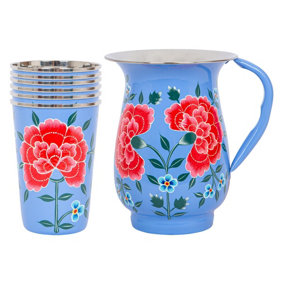 BillyCan Hand-Painted Picnic Water Jug with 400ml Cups - 1.7L - Ocean Peony