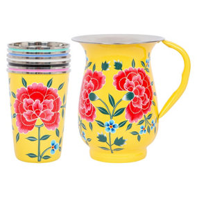 BillyCan Hand-Painted Picnic Water Jug with 400ml Multicolour Cups - 1.7L - Buttercup Peony
