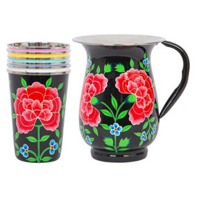BillyCan Hand-Painted Picnic Water Jug with 400ml Multicolour Cups - 1.7L - Carbon Peony