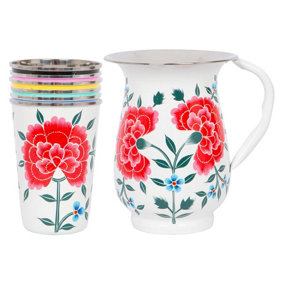 BillyCan Hand-Painted Picnic Water Jug with 400ml Multicolour Cups - 1.7L - Cotton Peony
