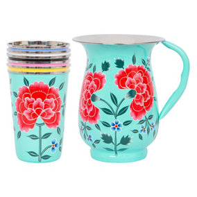 BillyCan Hand-Painted Picnic Water Jug with 400ml Multicolour Cups - 1.7L - Mint Peony