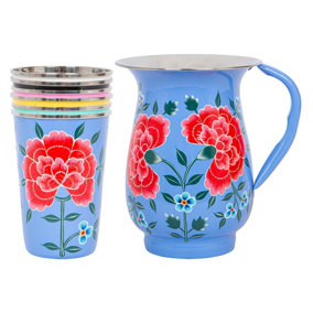 BillyCan Hand-Painted Picnic Water Jug with 400ml Multicolour Cups - 1.7L - Ocean Peony