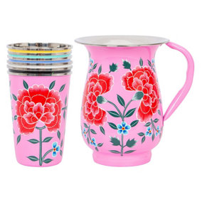 BillyCan Hand-Painted Picnic Water Jug with 400ml Multicolour Cups - 1.7L - Raspberry Peony