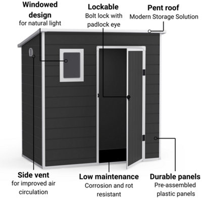 BillyOh Oxford Pent Plastic Shed Dark Grey With Floor - 6 x 4