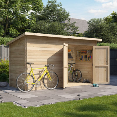 BillyOh Pent Log Cabin Windowless Heavy Duty Bike Store - 12x6 - Double Door - 19mm Thickness