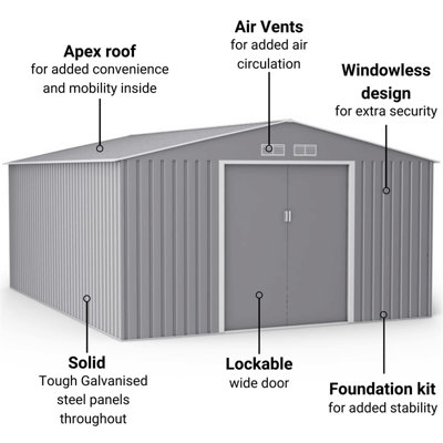 BillyOh Ranger Apex Metal Shed With Foundation Kit - 11x14 Light Grey
