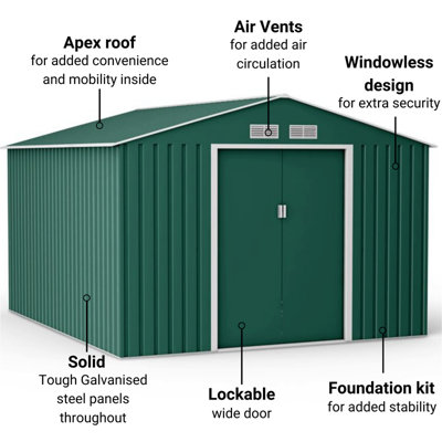 BillyOh Ranger Apex Metal Shed With Foundation Kit - 9x10 Dark Green