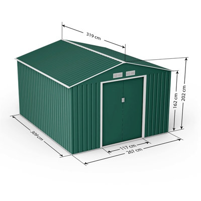 BillyOh Ranger Apex 11x10 Metal Shed - Dark Green Galvanised Steel Garden Storage With Lockable Doors & Vents