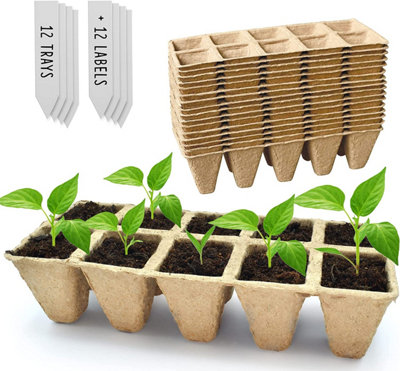 Biodegradable Seed Trays 12-Pack (120 Cells) for Seedlings - Eco-Friendly Germination with Labels