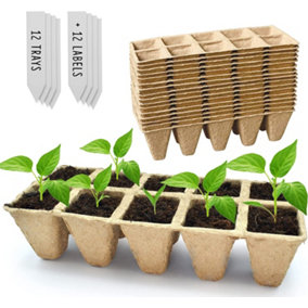 Biodegradable Seed Trays 12-Pack (120 Cells) for Seedlings - Eco-Friendly Germination with Labels