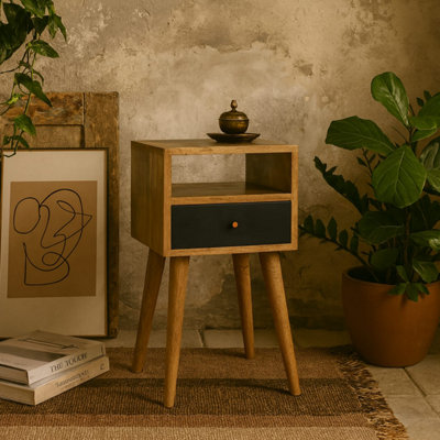 Biot Mini Navy Blue Hand-Painted Bedside Table with Drawer and Open Shelf