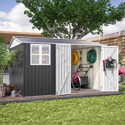 BIRCHTREE 10x10FT Steel Apex Garden Shed Tool Equipment Organize W/Window Door Anthracite
