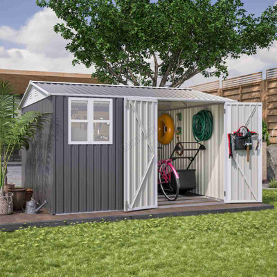 BIRCHTREE 10x10FT Steel Apex Garden Shed Tool Equipment Organize W/Window Door Grey