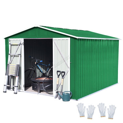 Birchtree 10X8FT Metal Garden Shed Apex Roof With Free Foundation Base Storage House Green