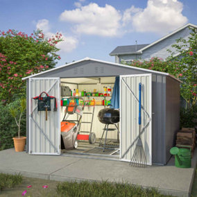 Birchtree 10X8FT Metal Garden Shed Apex Roof With Free Foundation Base Storage House Grey
