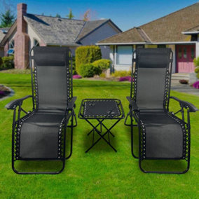BIRCHTREE 3 Pieces Adjustable Chairs Folding Table Set Reclining Lounge Drink Holder Black