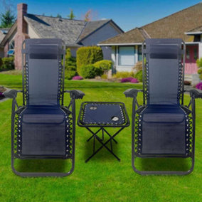 BIRCHTREE 3 Pieces Adjustable Chairs Folding Table Set Reclining Lounge Drink Holder Blue